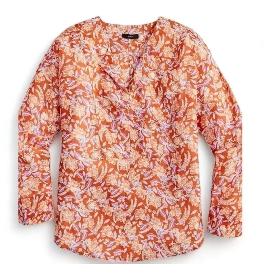 J.Crew Orange Floral Tunic Top Size S Boho Lightweight Long Sleeve